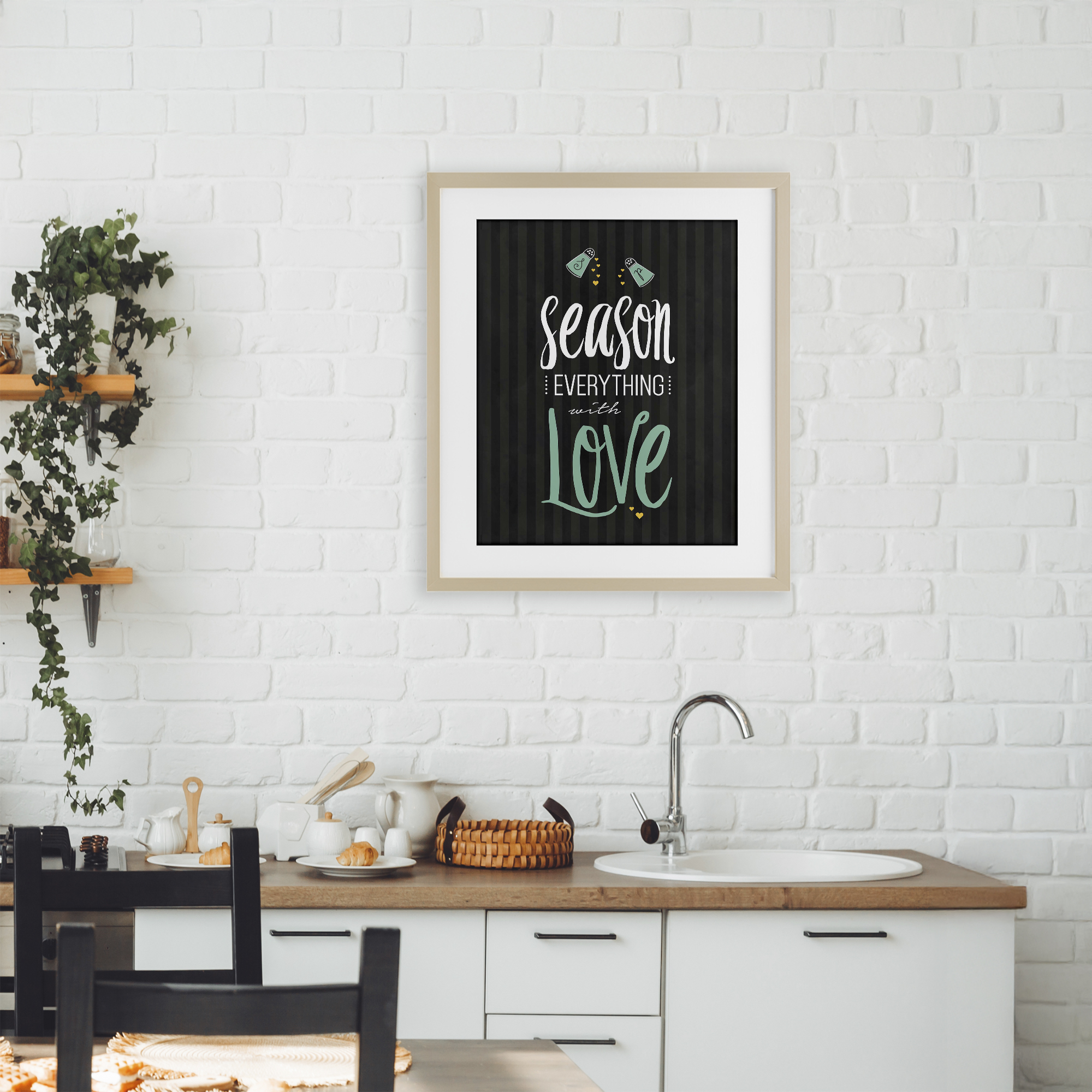 Season With Love Black & Green Birch Framed Print Under Glass, design by Lettered and Lined