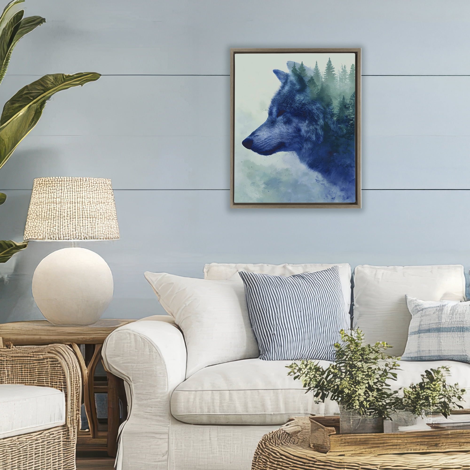 Stupell Industries Indigo Wolf in Misty Pines Brown Framed Floater Canvas Wall Art, design by Franklyn Gregory