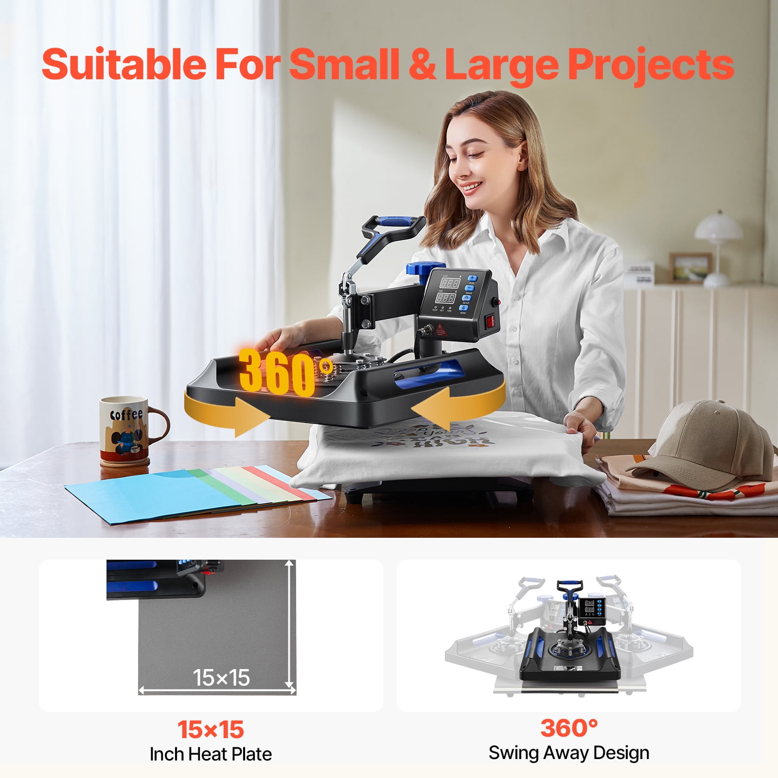 KFFKFF 8-in-1 Heat Press Machine, 15x15 Inch Swing-Away Design, Digital Control for T-Shirt, Hat, Mug, Plate Sublimation Printing, Multifunctional Transfer Machine, Blue
