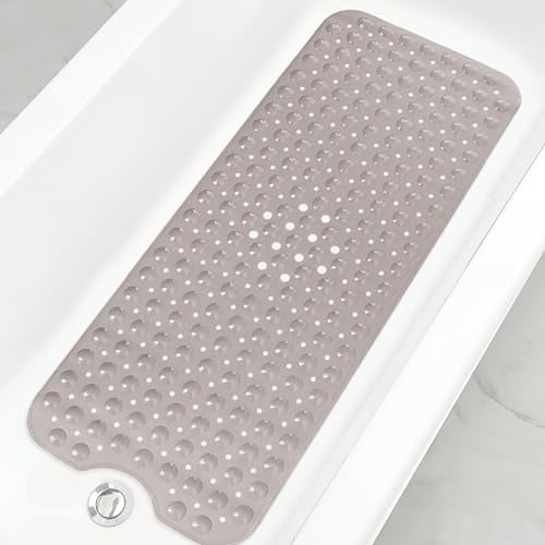 Bathtub and Shower Mats, Extra Long Non-Slip Bath Tub Mat 39 x 16 Inch, Machine Washable Bathmat with Suction Cups & Drain Holes for Bathroom Floor, Tan