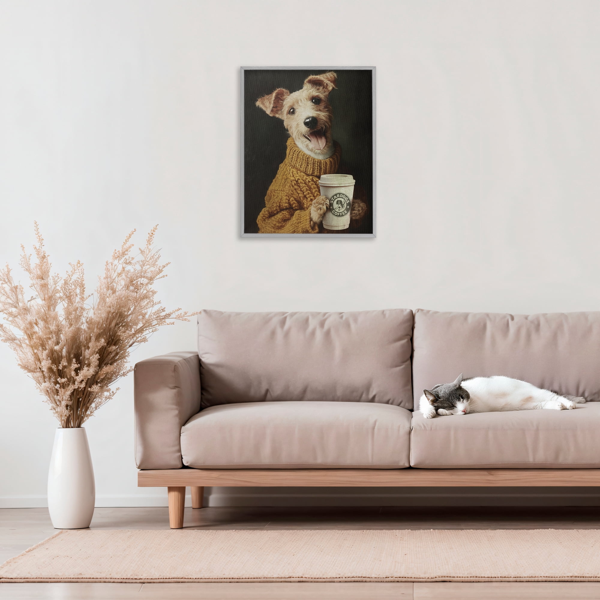Stupell Industries Latte Lover Dog in Sweater Gray Framed Giclee Art, design by Svetlana Aleynikova