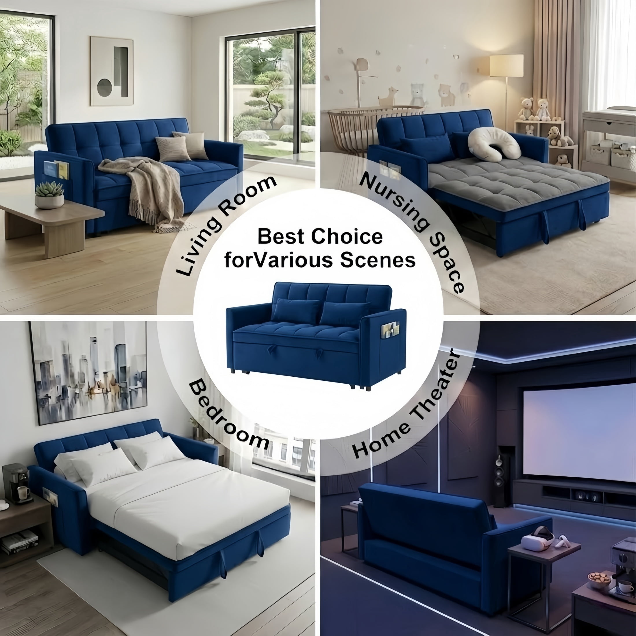 Amuille 3 in 1 Convertible Sleeper Sofa Bed, 54" Velvet Fabric Loveseat, Pull Out Couch for Living Room and Apartment, Blue
