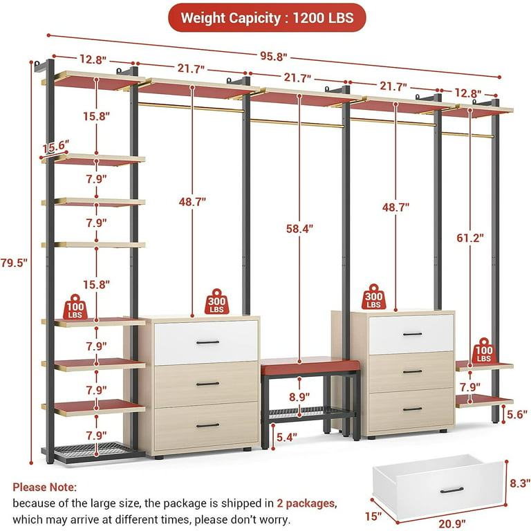 Homieaay Large Closet System, Heavy Duty Clothes Rack with 3 Wood Drawers,  Walk in Closet Organizer with 11 Shelves for Checkroom, Bedroom, 74 L x