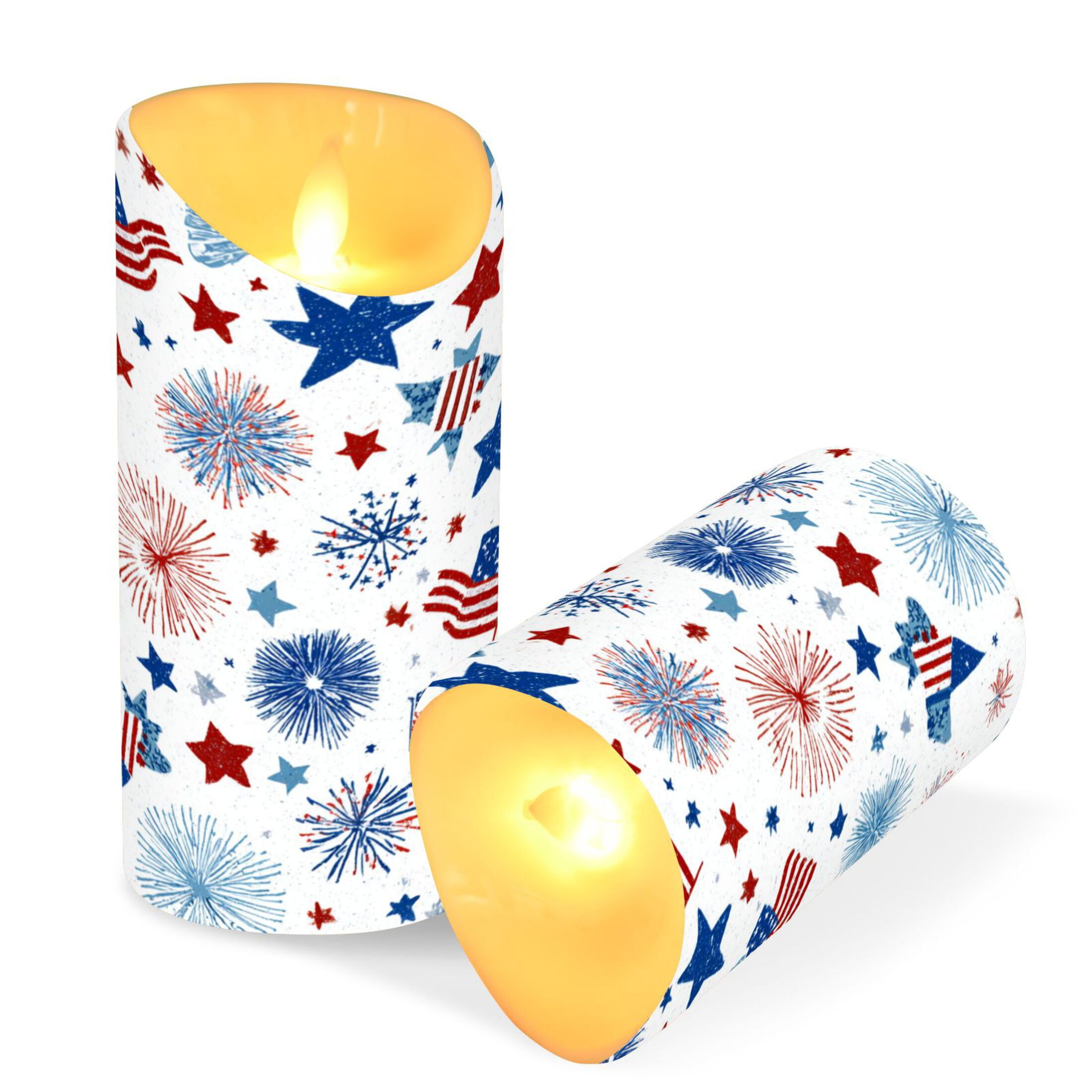 2 PCS Tilted Flameless Candles Flickering LED Lights Battery Operated Candles with Remote Timers for Holiday Decor Fireworks and Flag