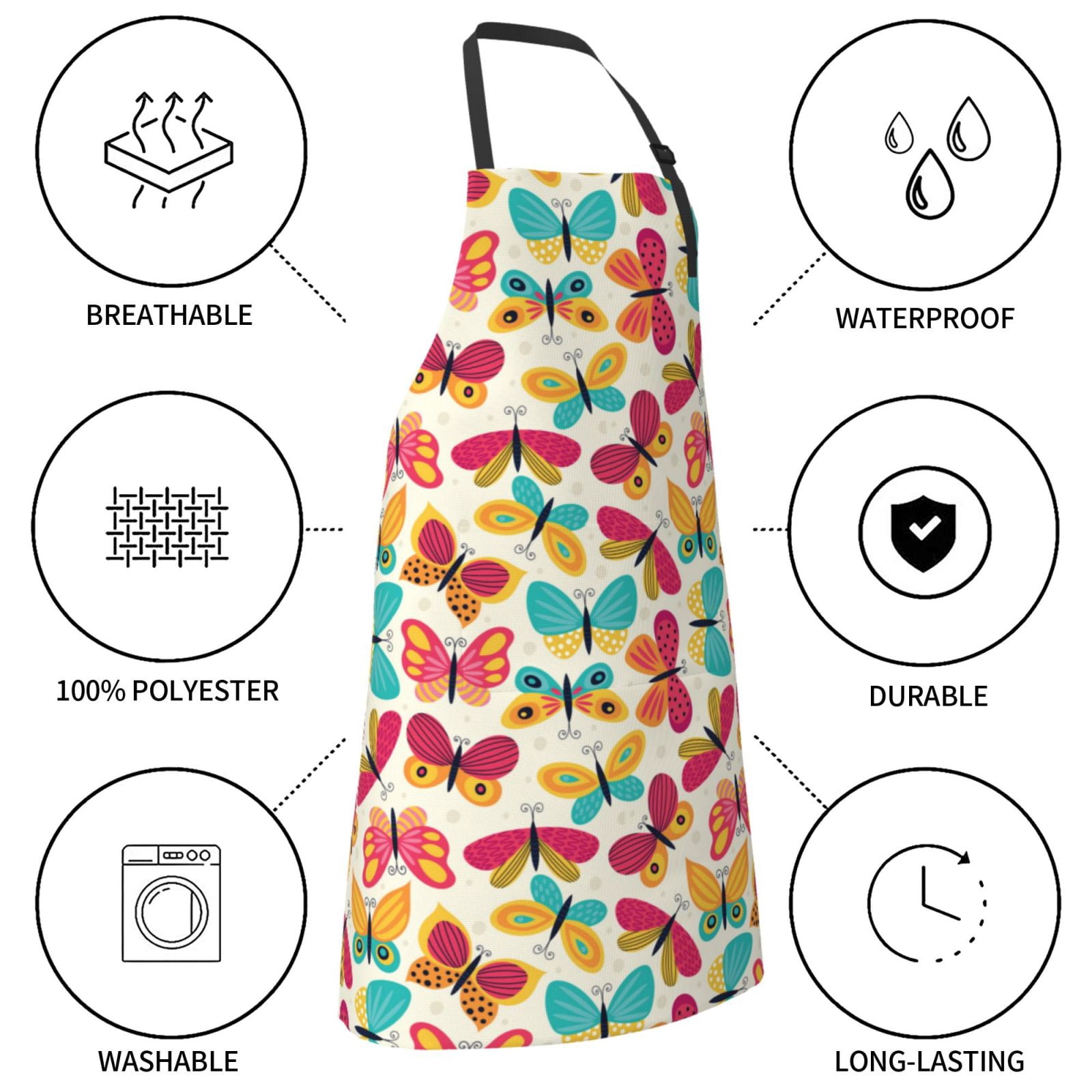 Kdxio Colorful Butterflies Apron with Pockets Adjustable Kitchen Aprons for Men Women Waterproof Aprons for Cooking,Drawing,Crafting, Baking Household Cleaning