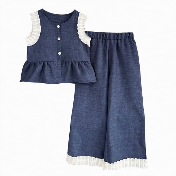 kpoplk Infant Baby Toddler Girls Summer Clothes Solid Color Sleeveless Camisole Linen Short Set Baby Summer Outfits Size 3-4 Years,Navy