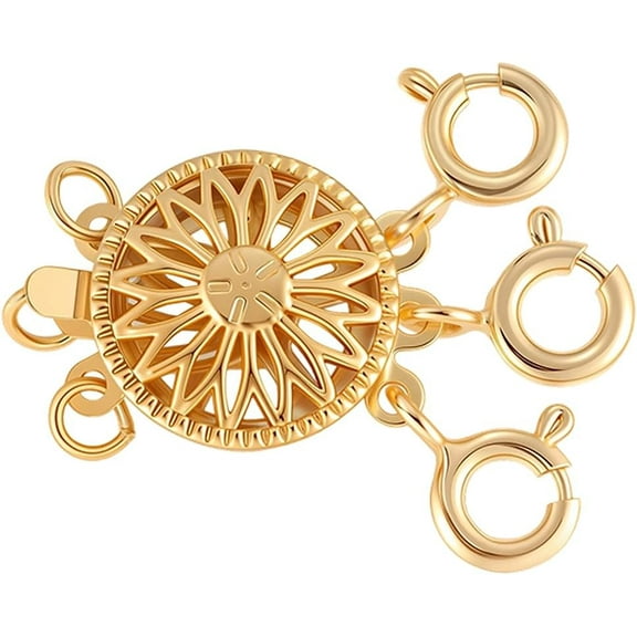 Necklace Layering Clasps Layered Necklace Separator Clasp Real 18K Gold Plated Flat Round 3 Strands Stacker Brass Locking Converter Extender Safety Connector for Bracelet Jewelry Making Gold DIY