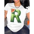 thumbnail image 1 of 1pc Watermelon Stripe Letter R Print T-Shirt, Women'S Fashion Casual Crew Neck Short Sleeve Tee, Polyester Knit Fabric, Medium Stretch, Geometric Pattern, All-Season Comfort Fit, 1 of 6