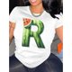 thumbnail image 1 of 1pc Watermelon Stripe Letter R Print T-Shirt, Women'S Fashion Casual Crew Neck Short Sleeve Tee, Polyester Knit Fabric, Medium Stretch, Geometric Pattern, All-Season Comfort Fit, 1 of 6