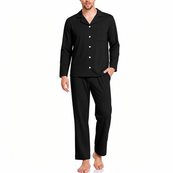 Samdudou Mens Pajamas Set Long Sleeve Button Down Sleepwear Classic Notch Collar Solid Two Piece Lounge Suit Pjs for Home Working Remote and Weekend Resting Time