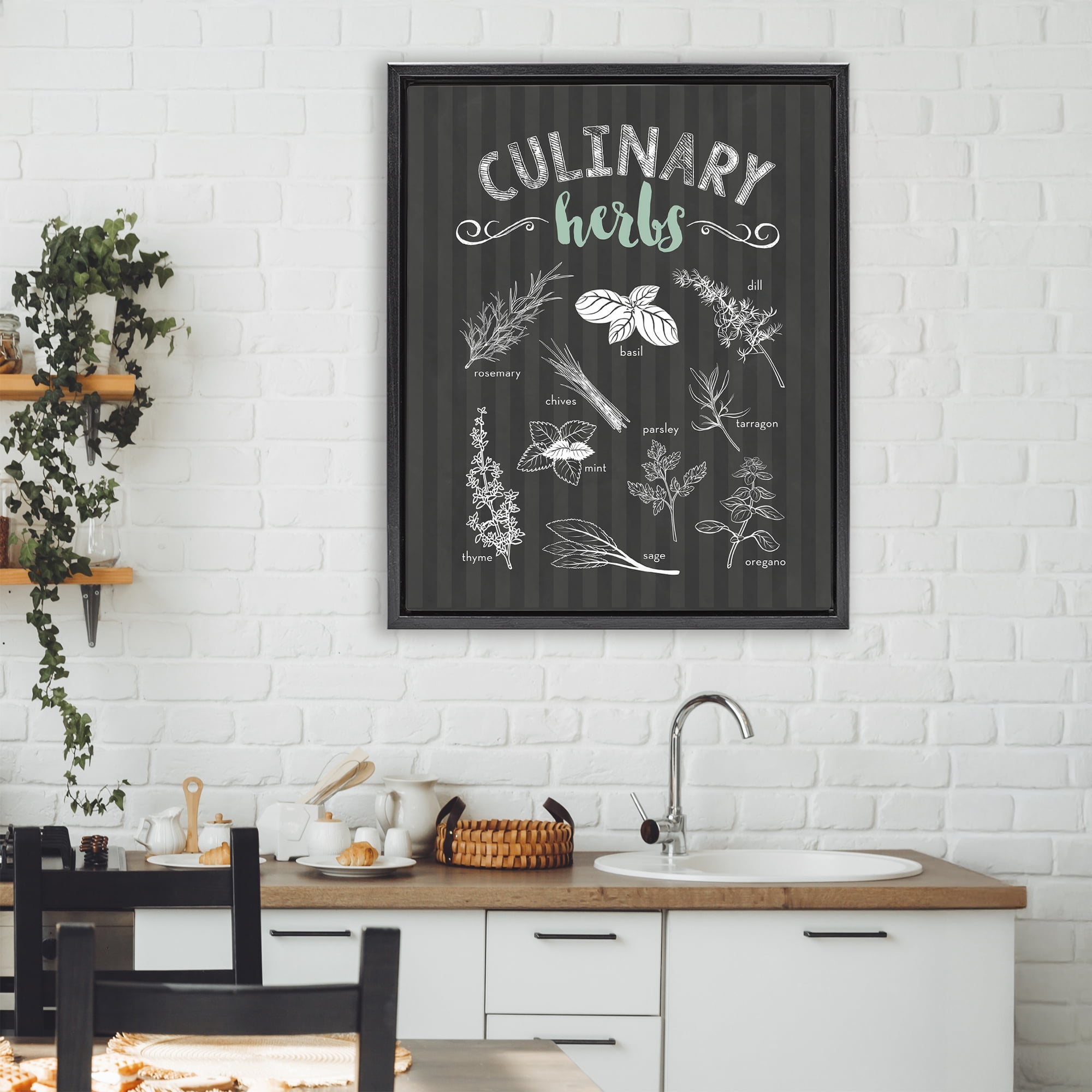 Culinary Herbs on Stripes Black Framed Floater Canvas Wall Art, design by Lettered and Lined