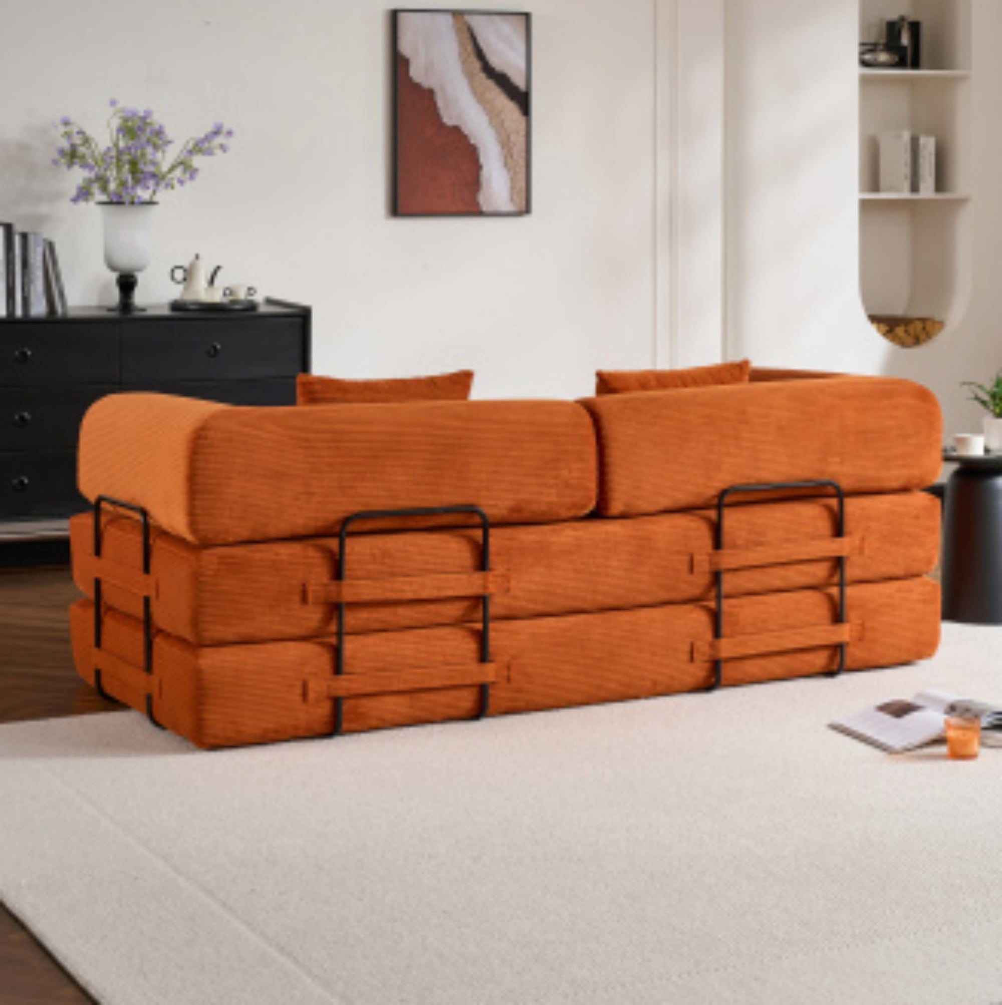 BSHTI 77" Corduroy Convertible Sleeper Sofa Bed with Cylindrical Pillow, No Assembly, Small Space for Living Room（Orange）