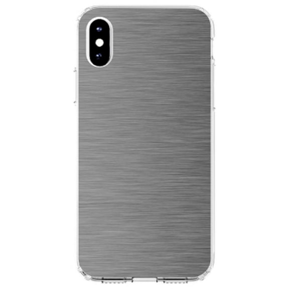 DistinctInk Clear Shockproof Hybrid Case for iPhone XR (6.1" Screen) - TPU Bumper, Acrylic Back, Tempered Glass Screen Protector - Grey Silver Stainless Steel Image - Printed Image of Stainless