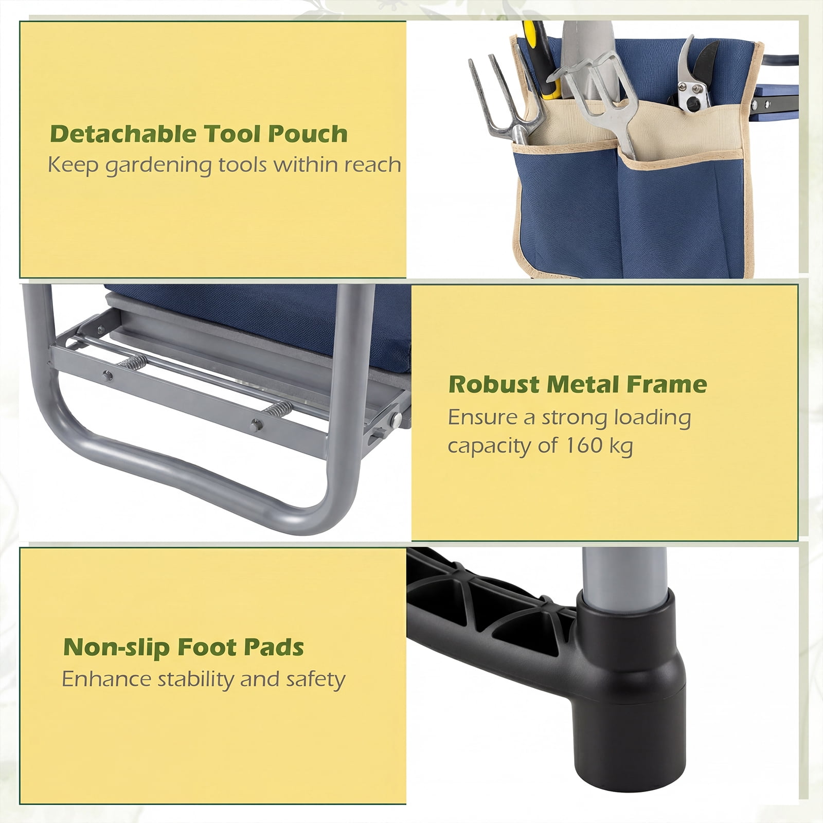 Costway Foldable Garden Kneeler and Seat, 2-in-1 Gardening Bench, Detachable EVA Foam Pad Navy Blue