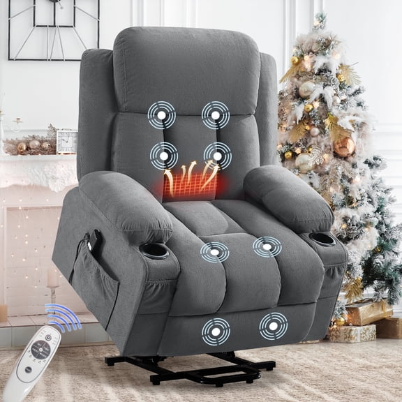 LLappuil Power Lift Recliner Chair, Massage Recliner Chair with Heat, Reading Chair with Side Pocket, USB Charge Port, Remote Control for Living Room, Bedroom Gray