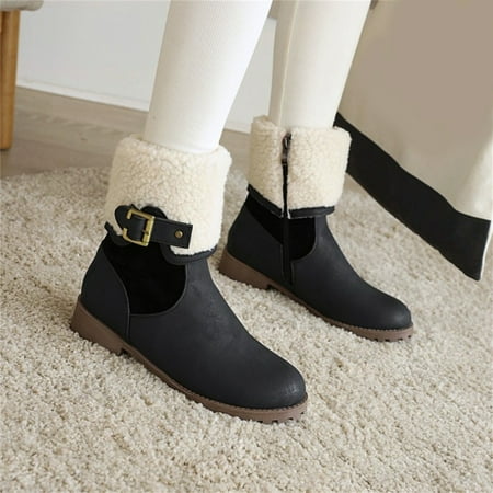

Snow Boots Ladies Fashion Solid Color Leather Belt Buckle Plush Side Zipper Thick Heel Cotton Boots