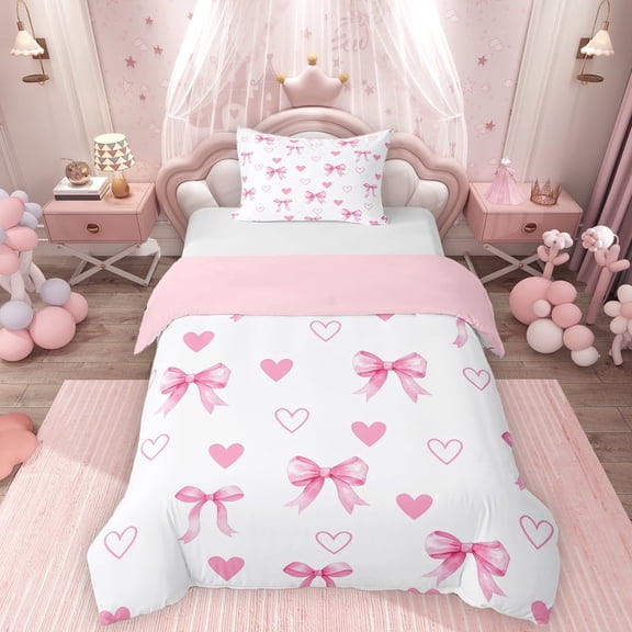 Erosebridal Girls Bow-Tie Twin Bedding, Kawaii Love Hearts Duvet Cover Set, White Pink, Pink Reversible, 1 Duvet Cover and 1 Pillowcase (No Comforter)