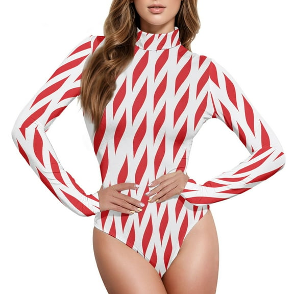 joogoo Christmas Red Pattern Women's Mock Turtle Neck Long Sleeve Bodysuit L