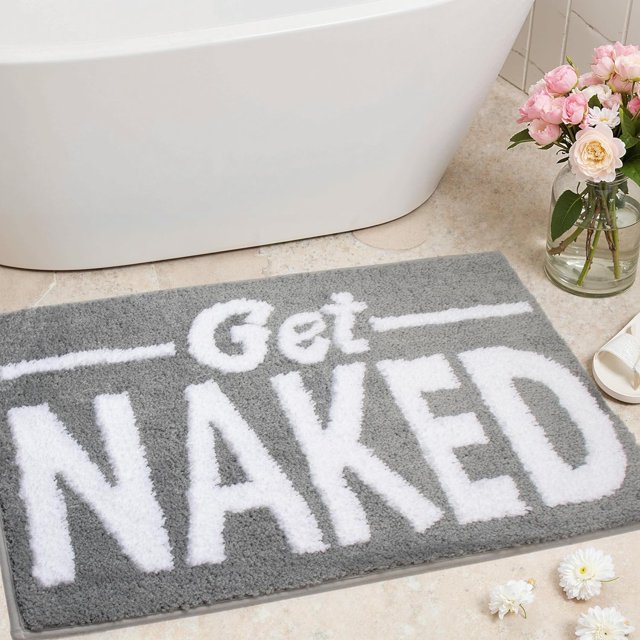 KOEXM Get Naked Bath Mats Cute Bathroom Rugs Water Absorbent Funny Bath Mat, Non-Slip Funny Bathroom Decor Absorbent Shower Rug, Grey 20" x 32"