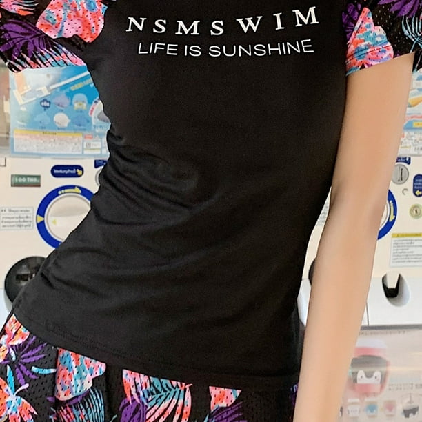 Alician 2 Pcs/set Women Swimming Suit Sunscreen Swimsuit Short-sleeve Top+  Flat-angle Skirt