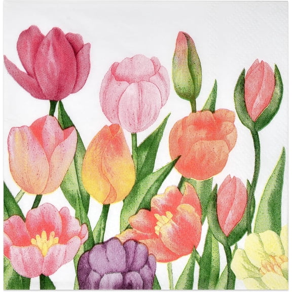 Gift Boutique Tulip Cocktail Napkins, 100 Count, 3-Ply Disposable Paper Dessert Napkins, Spring Garden Floral Party Supplies, 10 x 10 in