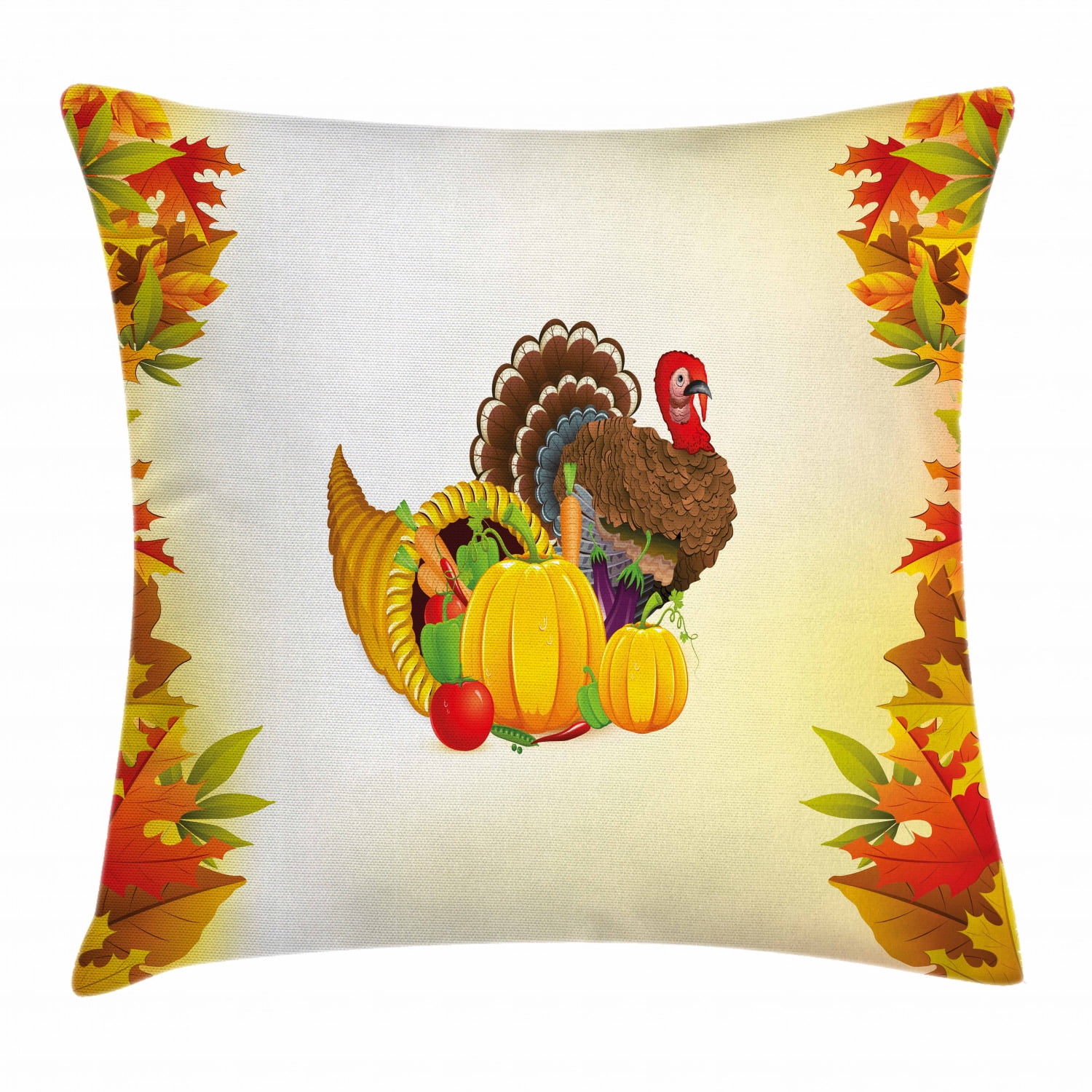 Turkey Throw Pillow Cushion Cover, Cornucopia and Animal with a Beak