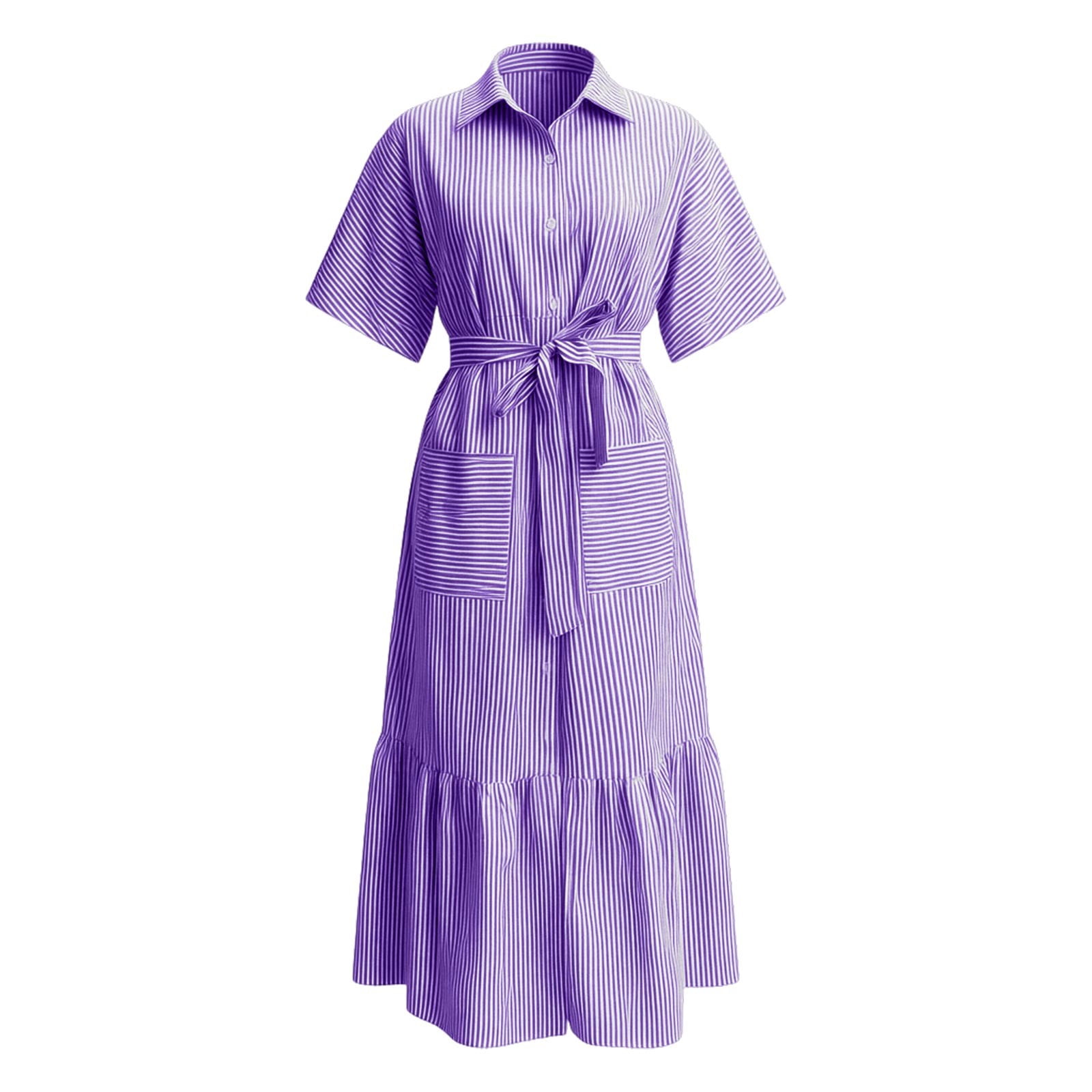 Jane Wardrobe Women's Casual Striped Short Sleeve Shirt Dress Loose Fit Midi Length Ruffled Hem Belted Waist With Pockets For Daily Brunch 1 Pc Sizes S M L XL XXL Pink Purple Blue Black Green Khaki