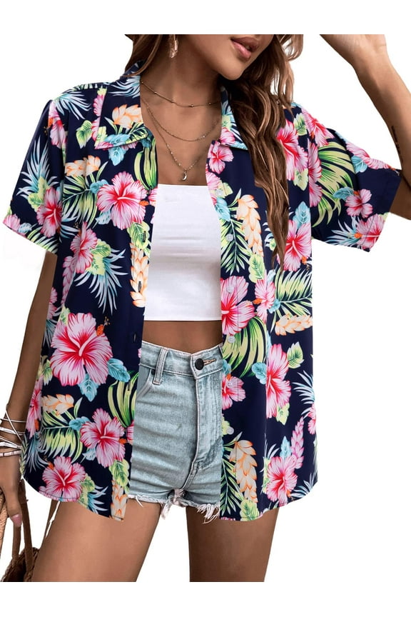 Women Hawaiian Shirt Soft Cool Summer Hawaii Shirts Floral Tropic Print V Neck T-Shirt Short Sleeve Button Up Tops