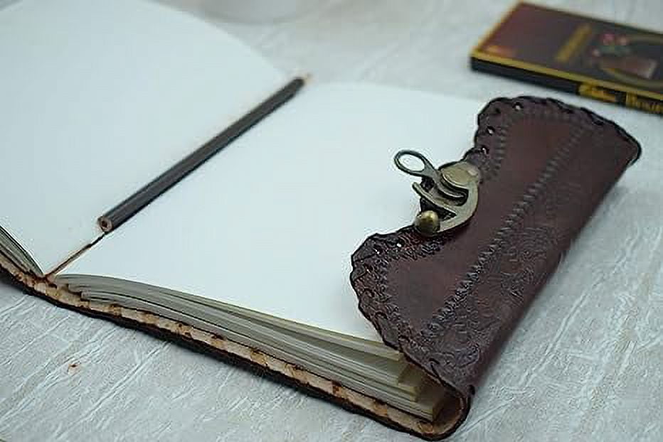 OVERDOSE Mehrab Brass C-Lock Leather Journal - Handmade Antique Stone Journal For Students, Office, Men & Women Diary Leather Sketchbook Drawing Journal Notebook - 6 X 8 Inches | 15 X 20 cm | A5