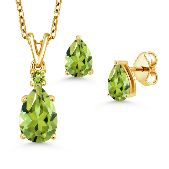 Gem Stone King 18K Yellow Gold Plated Silver Green Peridot Pendant and Earrings Jewelry Set for Women (3.28 Cttw, Gemstone August Birthstone, Pear Shape 10X7MM and 7X5MM, with 18 inch Chain)