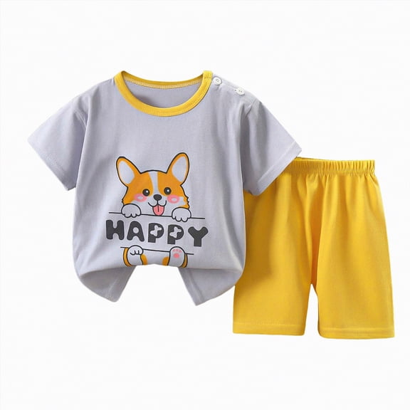 HCNTES Toddler Baby Boys Girls Comfortable Pajama Outfit Set Kids Cute Short Sleeve and Lounge Shorts for Home Loungewear and Casual Wear(A-Grey,18-24 Months)