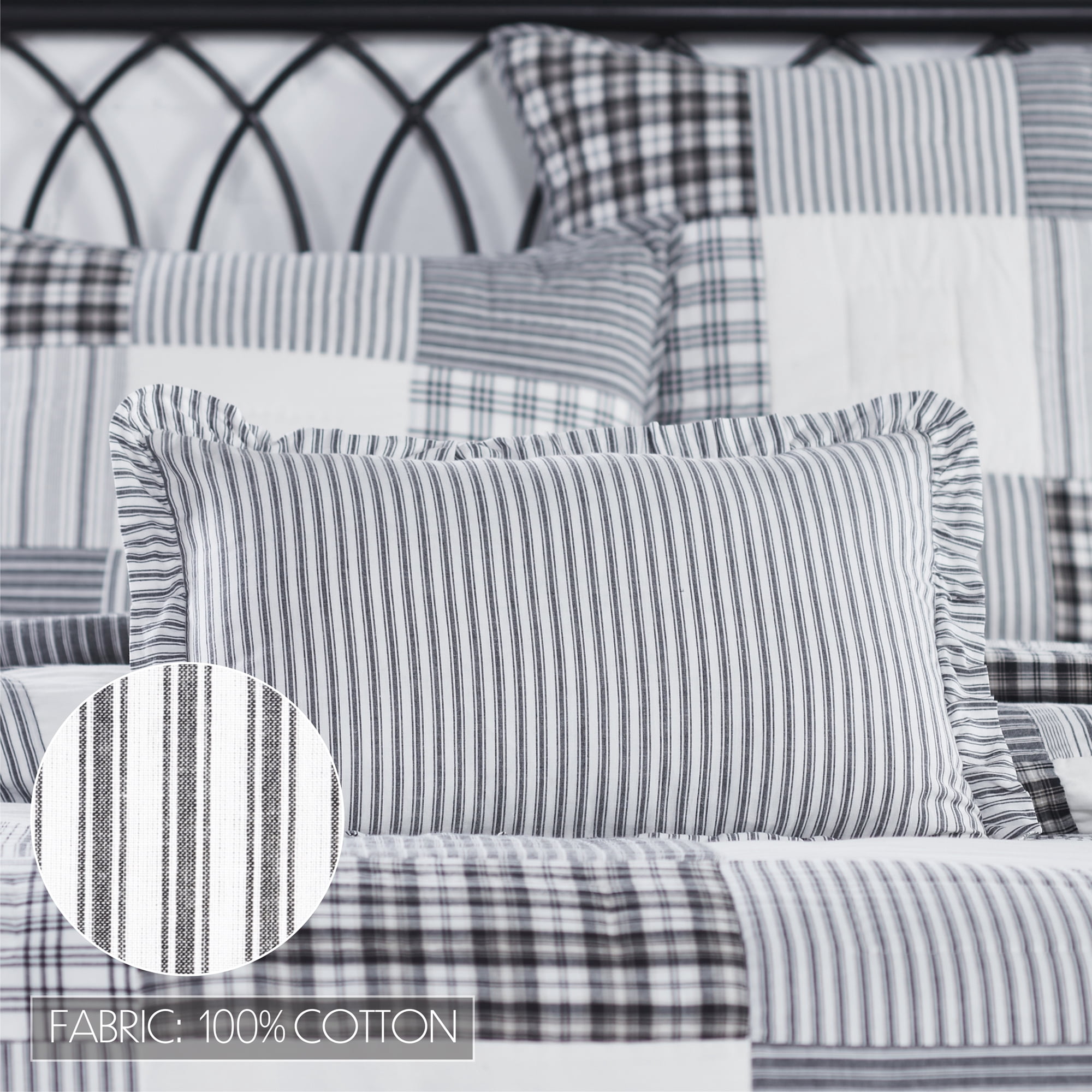 VHC Brands, Sawyer Mill Ruffled Ticking Stripe Pillow, Black, 14x22