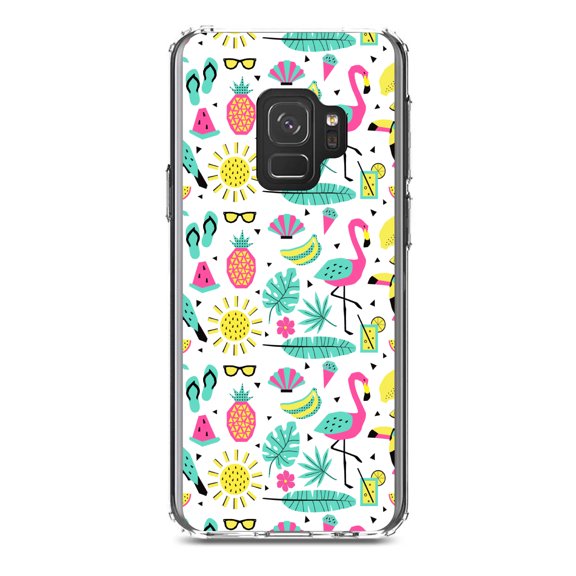 DistinctInk Clear Shockproof Hybrid Case for Samsung Galaxy S9 (5.8" Screen) - TPU Bumper, Acrylic Back, Tempered Glass Screen Protector - Summer Graphics - Flamingo Pineapple Sun Glasses