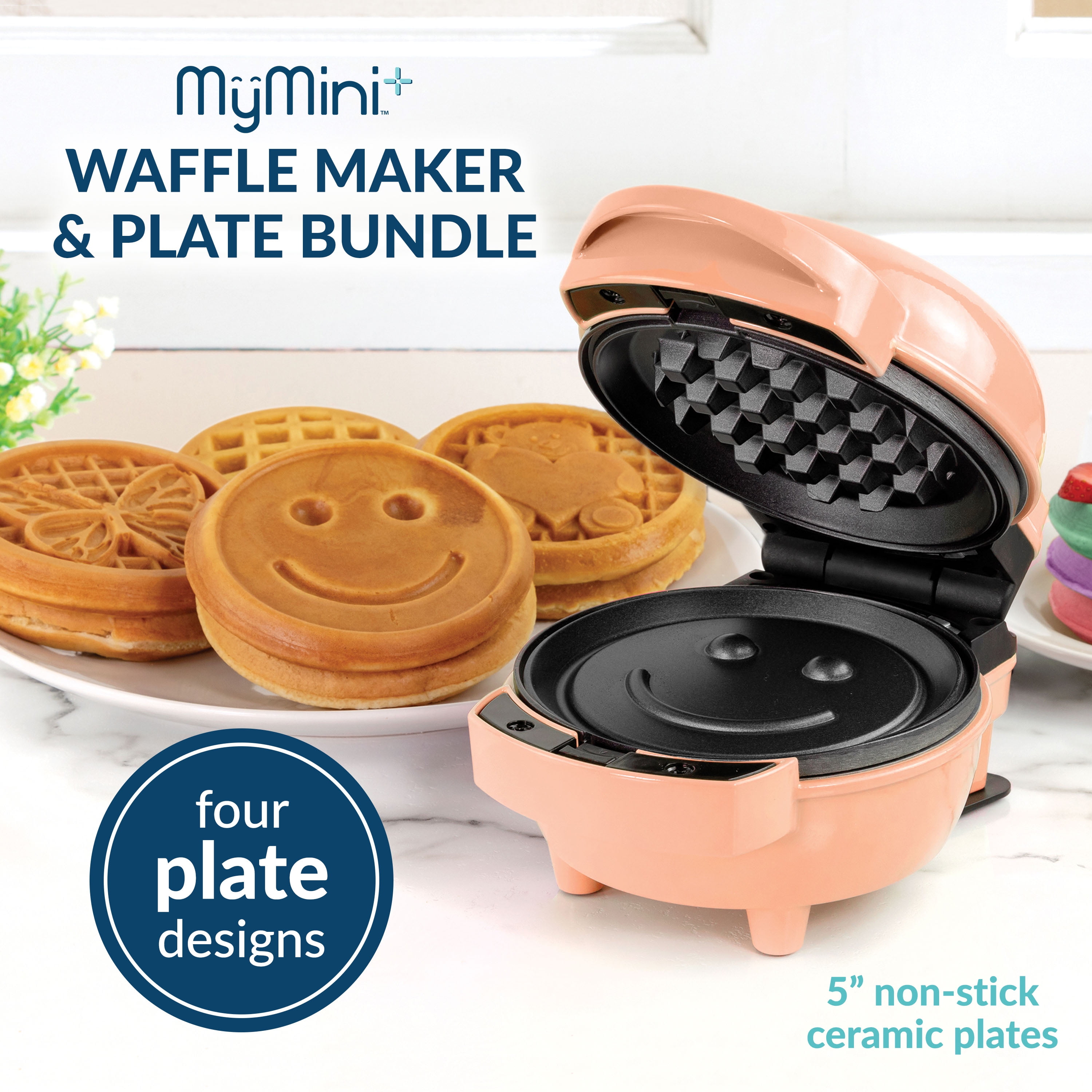 MyMini 5 Plate Waffle Maker Bundle, 400 Watts, Peach
