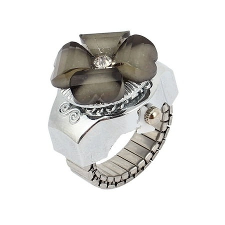 Murano Millefiori Flower Ring - Unique Bargains Women Gray Flower Detail Cover Round Dial Elastic Band Finger Ring Watch