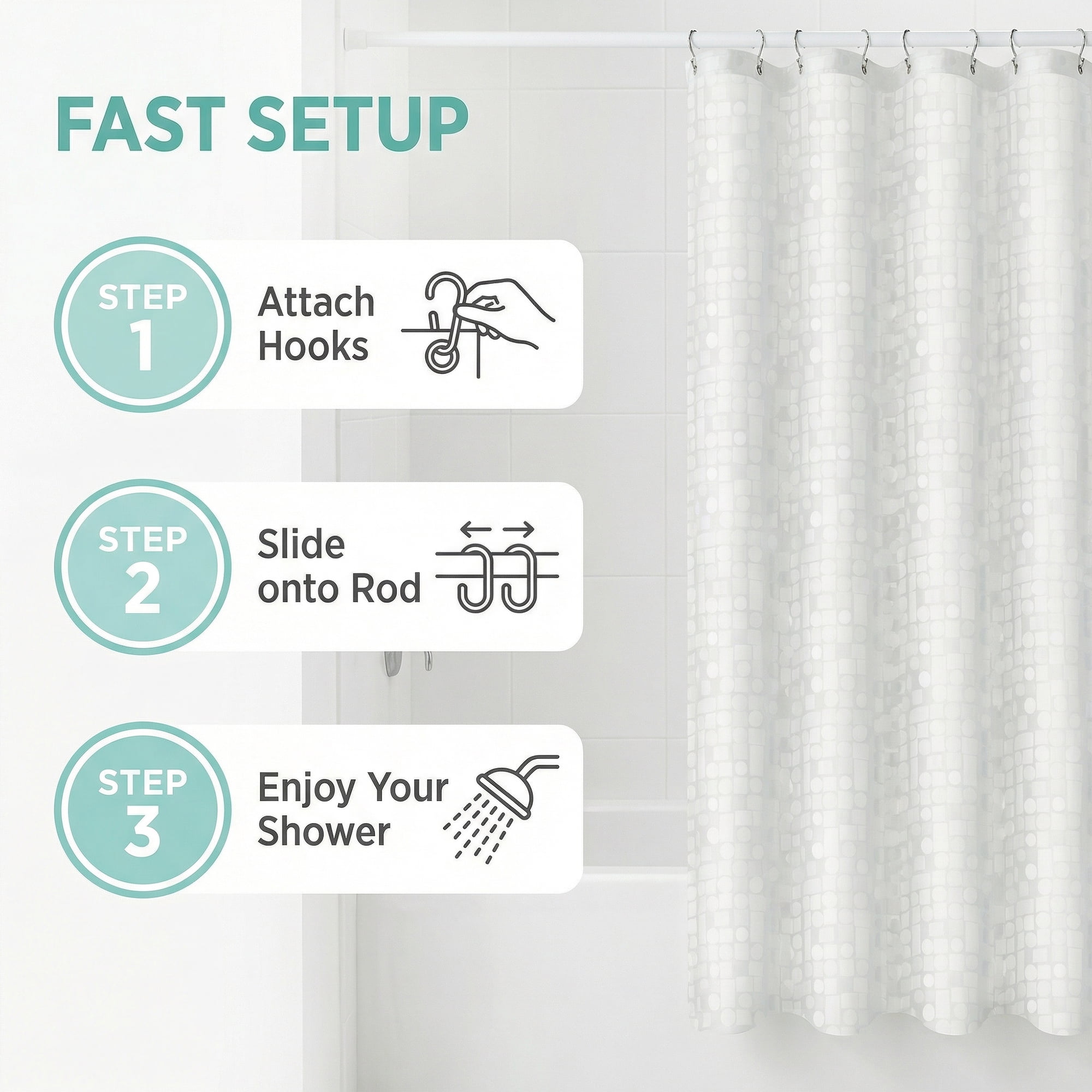 Unique Bargains Semi-Transparent Waterproof Bath Curtain with 12 Hooks White 71"W x 71"L