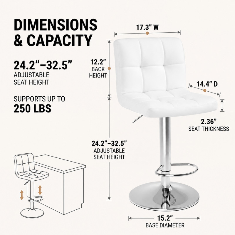 BEAUTYPEAK Adjustable Bar Stools Set of 2 PU Leather Swivel Counter Height Chairs with Backrest and Footrest, White