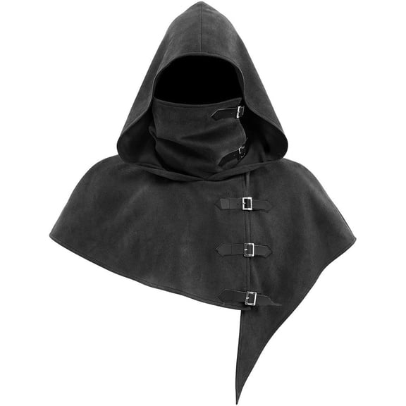 Jiibva Medieval Cowl Hooded Cape Monk Pagan Wizard Costume Shawl Black 48.5cm