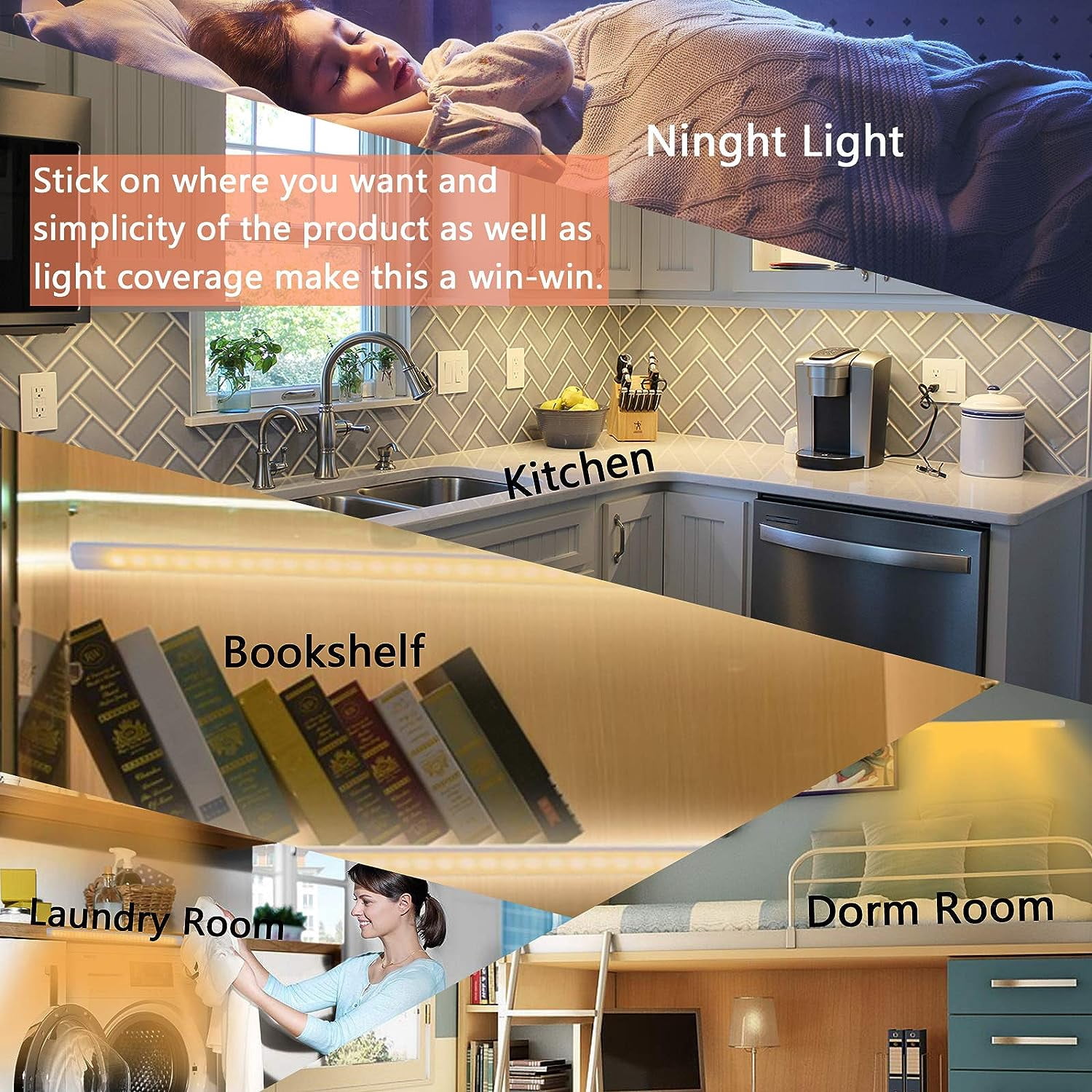 JJEAN-12-Inch Slim LED Under Cabinet Light with Memory Function, Warm White 3000K Dimmable USB Light Bar for Rooms