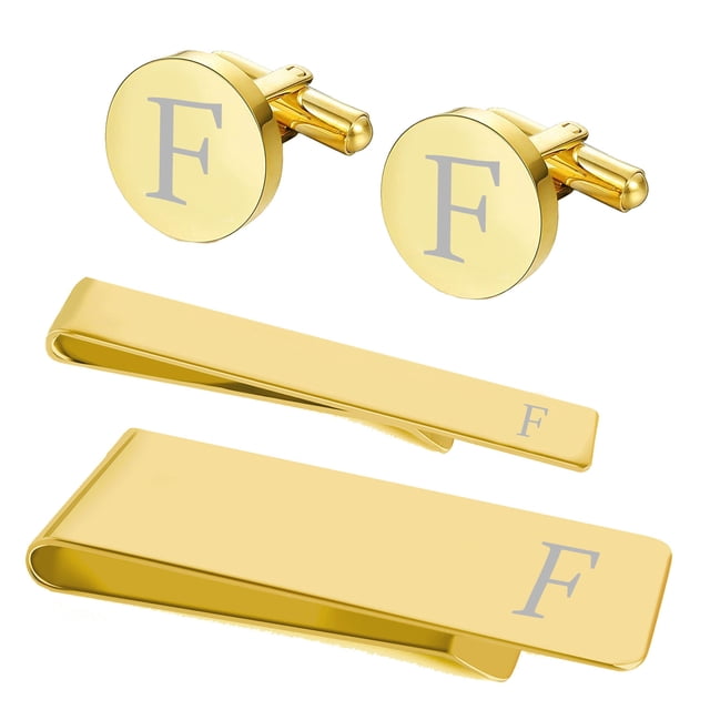 BodyJ4You 4PC Cufflinks Tie Bar Money Clip Button Shirt Personalized Initials Letter F Gift Set
