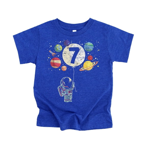 Olive Loves Apple 7th Birthday Rocket Astronaut Themed T-Shirts with Moon Balloon and Planets for Boys and Girls Vintage Royal Shirt Youth Small