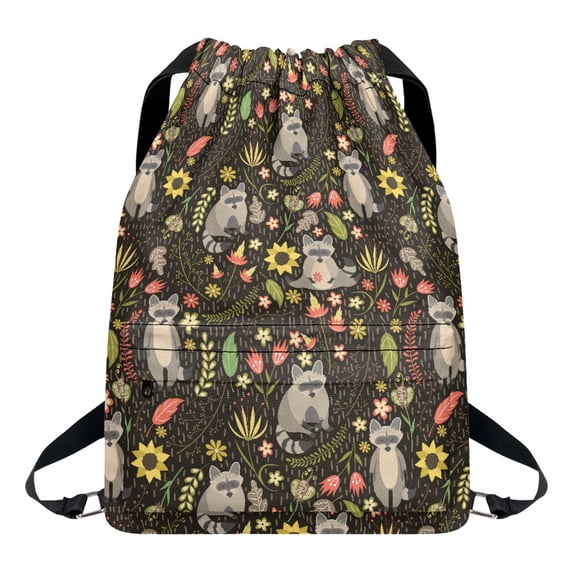 Xoenoiee Raccoon Flower Print Drawstring Backpack for Men & Women, Lightweight Large Capacity Gym Sack Daypack String Cinch Bag with Zipper Pocket for Shopping Travel Sport Yoga