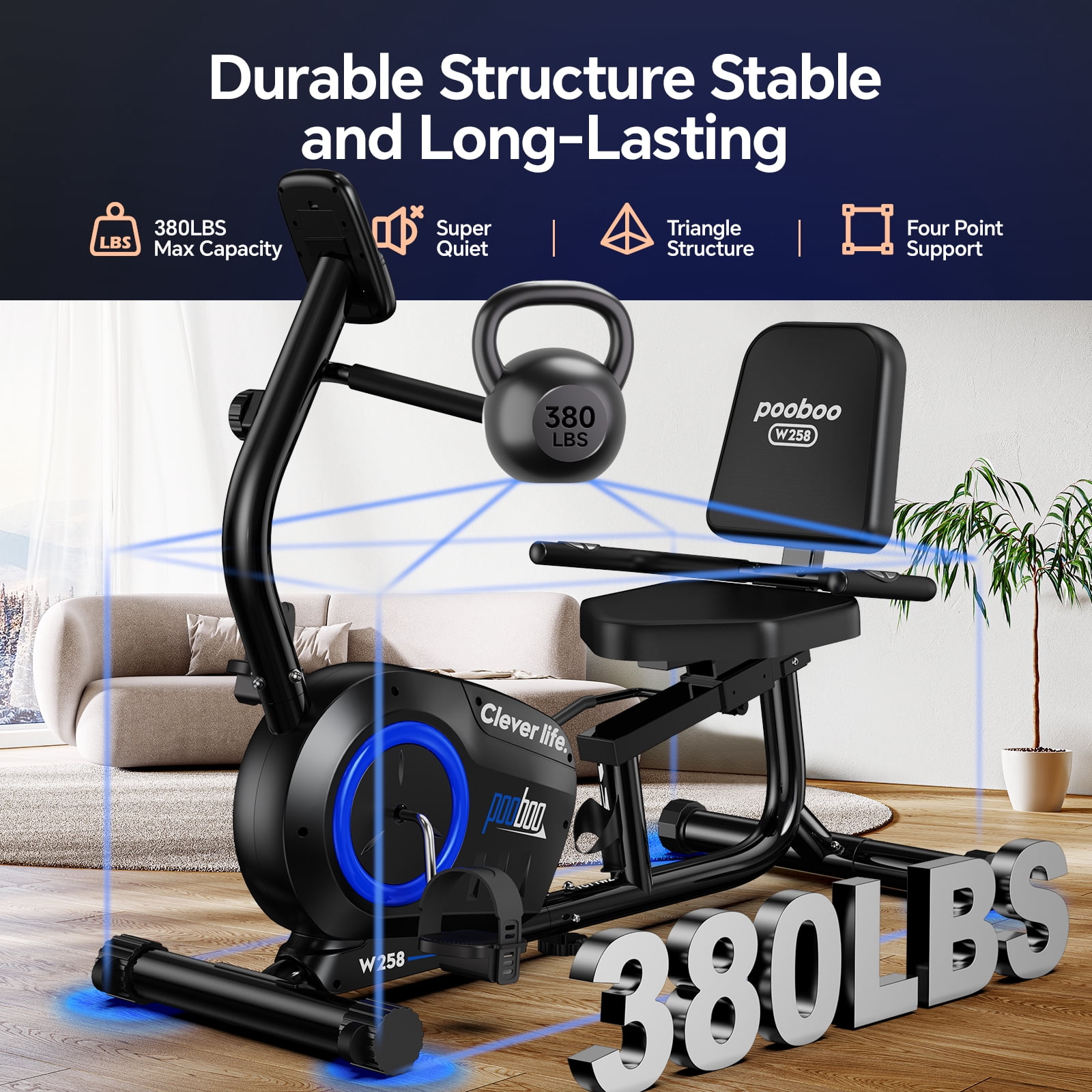 Pooboo Recumbent Exercise Bikes Sit Down Stationary Bicycle Magnetic Resistance Indoor Cycling Bike  380lbs Capacity
