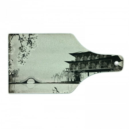 

Japanese Cutting Board Ink Painting Style Landscape of Far Eastern Country Traditional House and Nature Tempered Glass Cutting and Serving Board Wine Bottle Shape Black Beige by Ambesonne