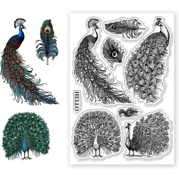 Sellos transparentes de plumas de pavo real, fondo retro de plumas de pavo real, sello de silicona transparente de 6,3 x 4,3 pulgadas