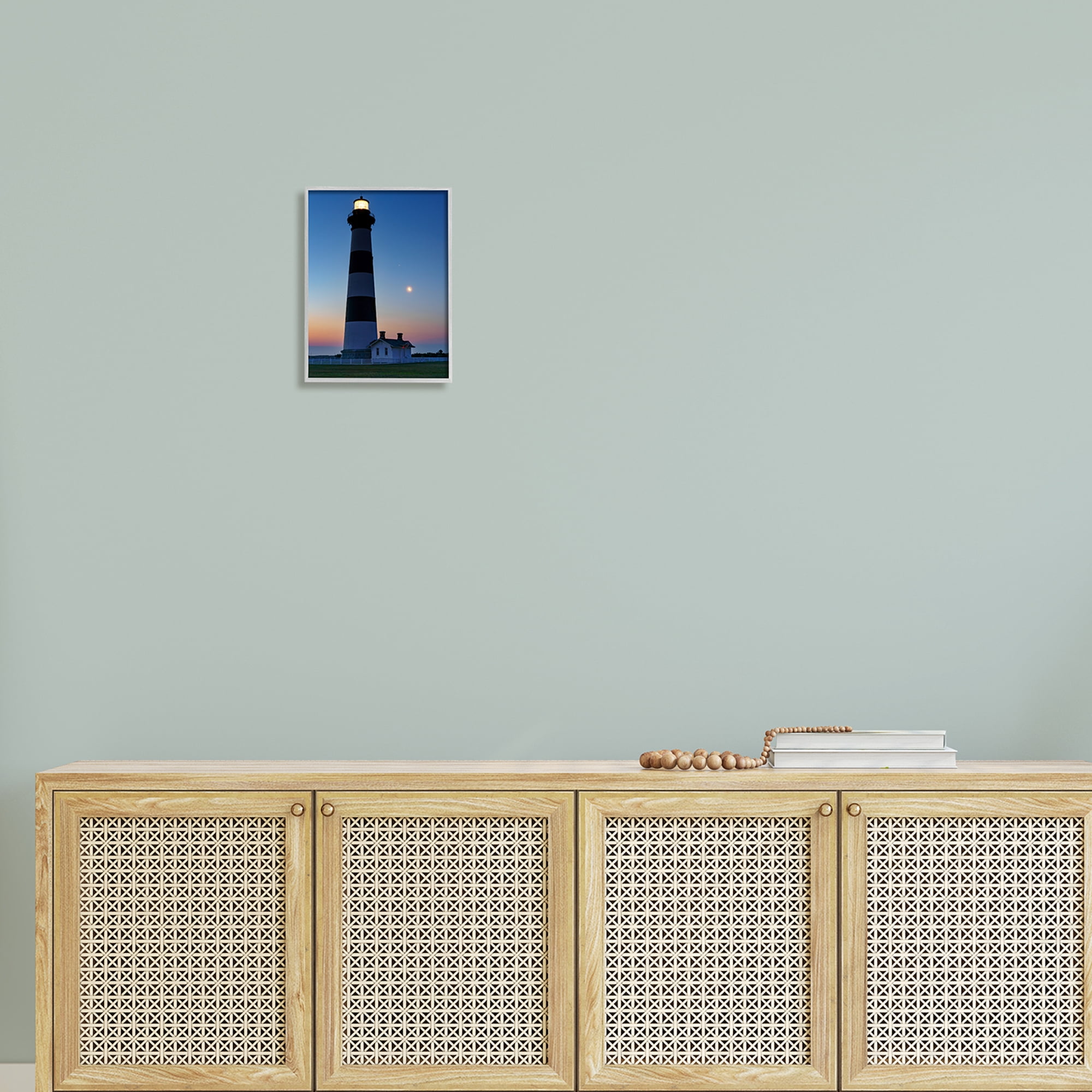 Stupell Blue Moonlit Lighthouse Coast Landscape Photography Gray Framed Art Print Wall Art