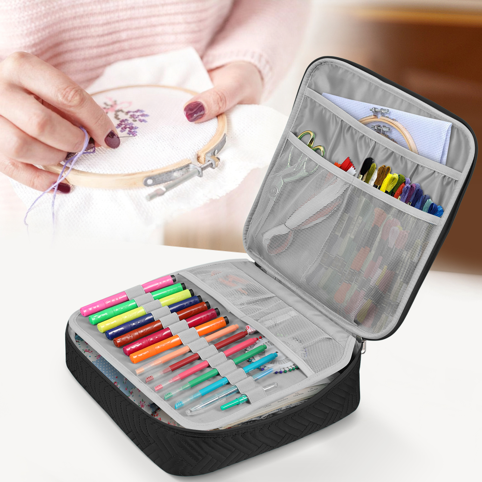 FINPAC Embroidery Bag, Cross Stitch Storage, Square Quilted Tote Organizer with Multiple Pockets for Floss, Hoops, Thread, Stitch Tools Kit [Bag Only], Black
