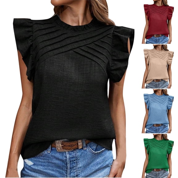 Ashirexll Sleeveless Tops for Women Solid Color Pleated Shoulder Flounce Round Neck Sleeveless Blouses