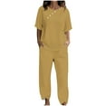 thumbnail image 3 of Dazajoo Women's Cotton Linen Sets 2 Piece Half Sleeve Round Neck Tops and Pants with Pockets Summer Lightweight Lounge Suits,Yellow,XXL, 3 of 5
