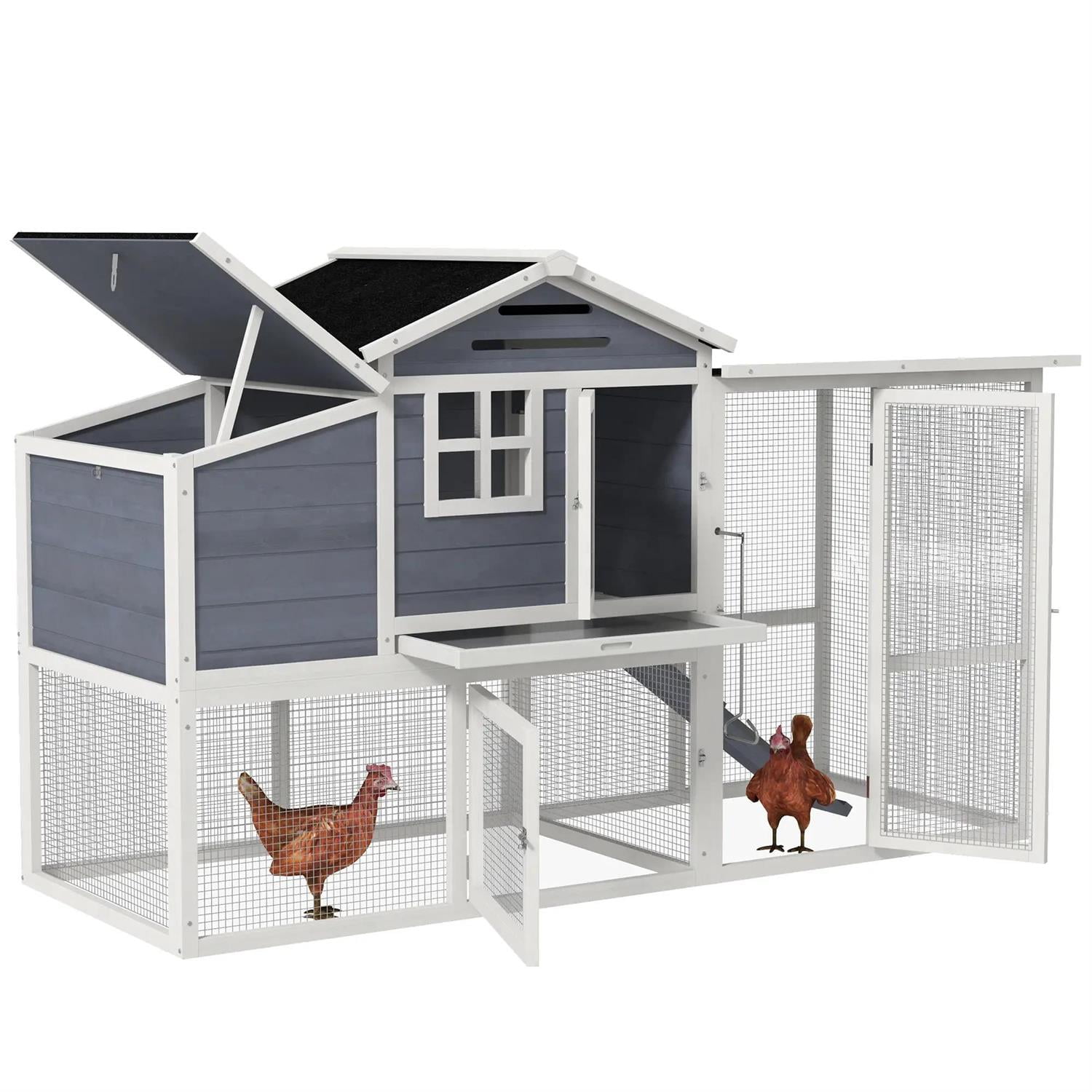 Pefilos 76" Large Chicken Coop Rabbit Hutch, Outdoor Wooden Poultry Cage Hen House with Nesting Box, Tray for Garden Backyard, Gray